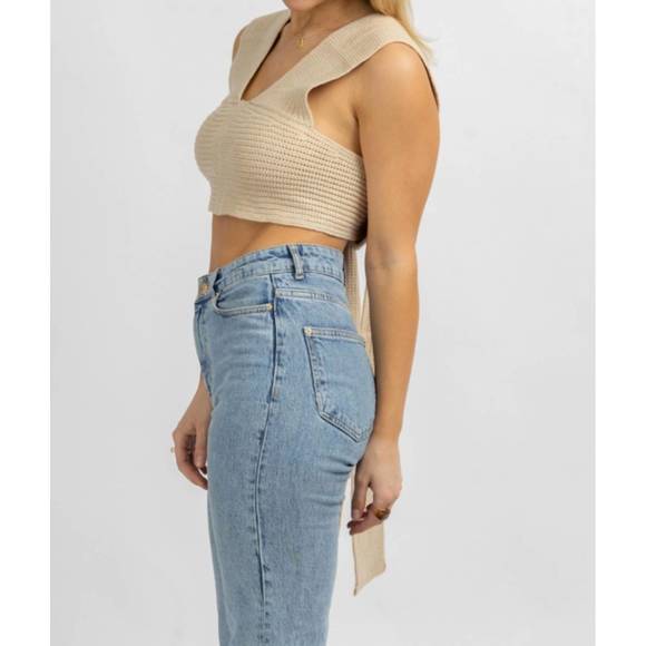 NEW MABLE knit self wrap crop top in tan - Picture 4 of 6